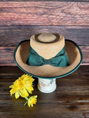 Michelle McGann by Sonni Straw Boater Hat with Green Trim & Bow Summer Hat